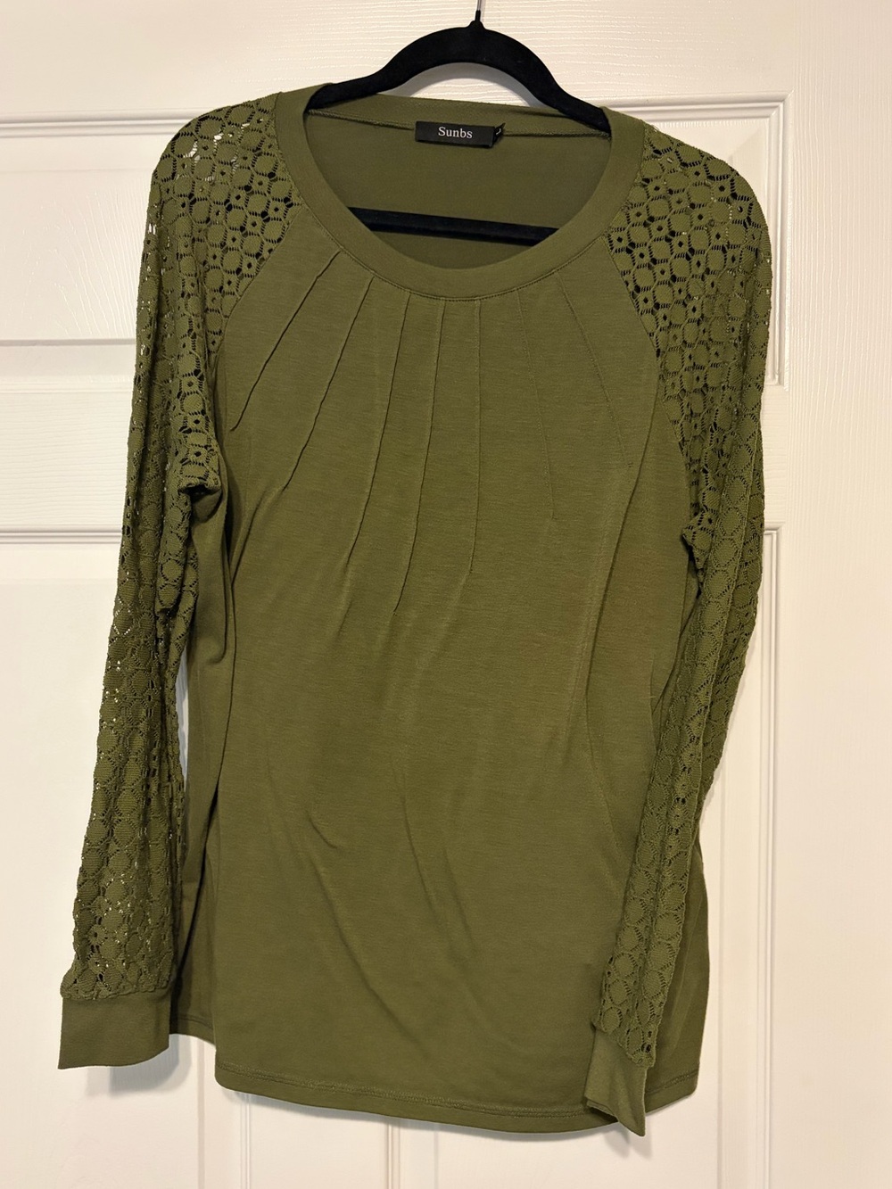 Sunbs Olive Green Crochet Sleeve Long Sleeve Top Women’s Size XL